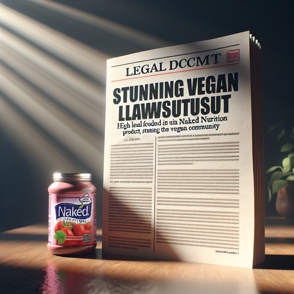 Generate an image of a dramatic, photorealistic scene, bathed in natural light, with soft shadows. This scene showcases a legal document revealing high levels of lead found in Naked Nutrition products, stunning the vegan community. The document should be opened and front and center, with the headline 'Stunning Vegan Lawsuit' bolded across the top. There need not be any humans in this prompt.