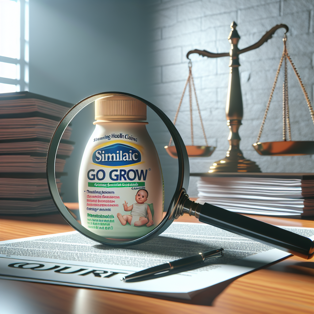 Create a high-quality, photorealistic rendering of an image symbolizing stunning health claims exposure. In the scene, depict a magnifying glass focusing on a bottle labeled 'Similac Go Grow' against a backdrop of court documents. The scene should be lit by natural light casting soft shadows on the surrounding area.