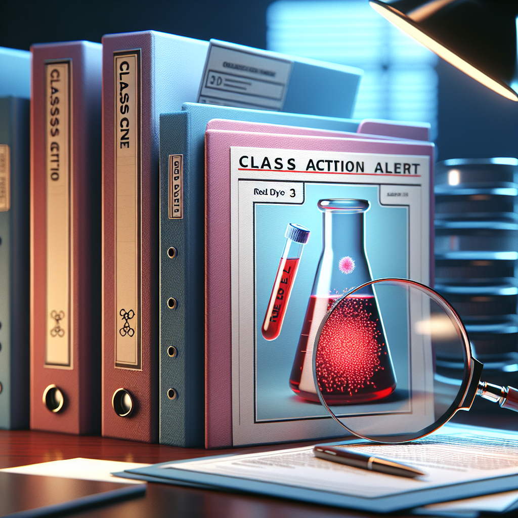 Visualize a highly detailed, photorealistic image featuring a stack of document folders labeled 'Class Action Alert', under the soft light of a desk lamp. On the top folder, an illustration of a test tube with a red liquid, signifying 'Red Dye 3', is present. Adjacent to it, a magnifying glass reveals microscopic cancer cells. The setting is dimly lit, contributing to the mood of urgency and concern.