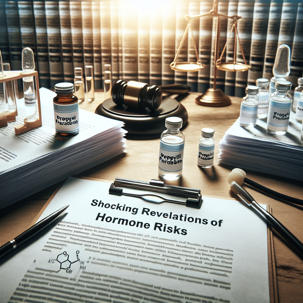 An image depicting the theme of a lawsuit concerning the substance Propylparaben. The image represents the shocking revelations of hormone risks related to Propylparaben use. The scene features legal documents scattered across a table, scientific reports revealing hormone risks stacked next to them, a gavel, and a glass vial containing the chemical substance. The environment uses natural lighting casting soft shadows.