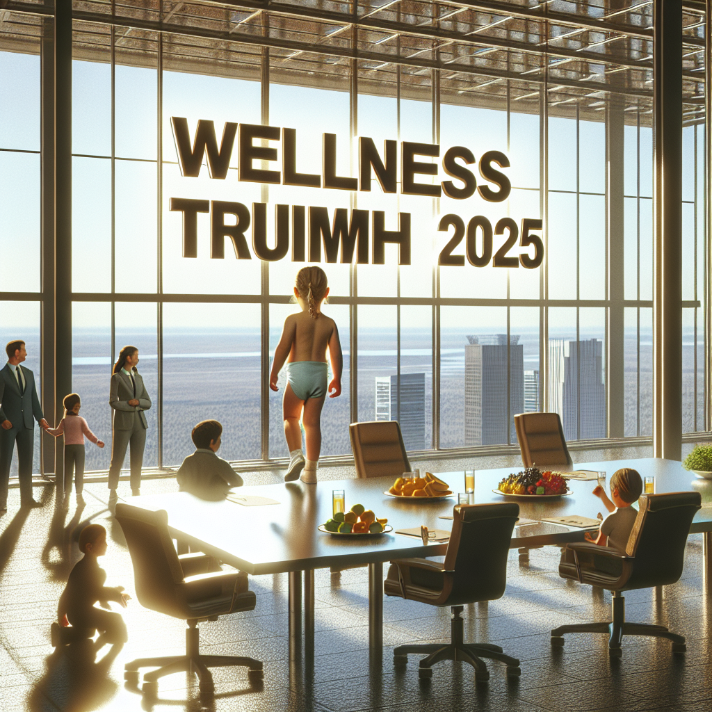 Create an impressive and photorealistic image representing the concept of 'Wellness Triumph 2025'. The scene should communicate a significant legal victory in the imaginary world for childhood health in 2025, causing ripple across several established health and fitness organizations. The atmosphere should have natural lighting with soft shadows, and exuding optimism for future health practices which can perfect the subtextual representation of the child obesity issue.
