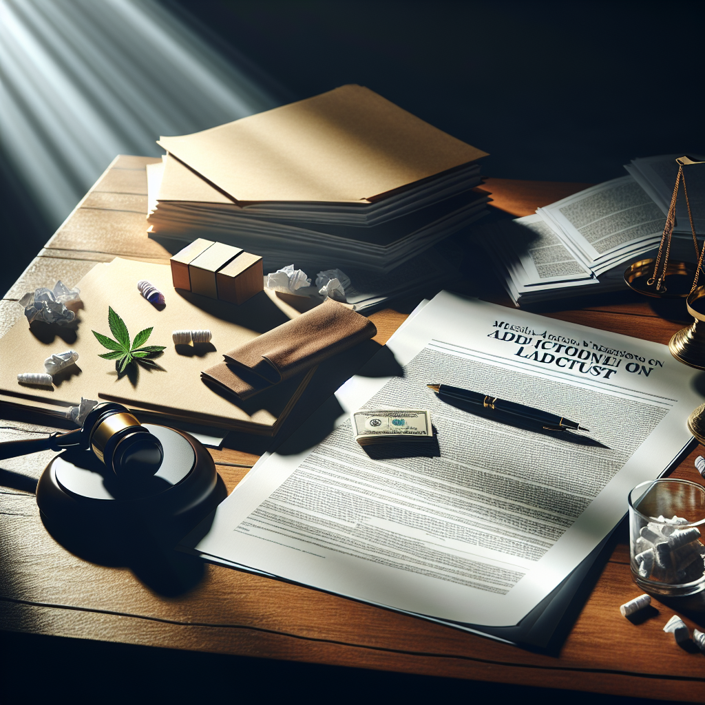 Create a high-quality, photorealistic image which relies on exquisite presentation of natural lighting and soft shadows to interpret the concept of a 'Must-Have Insights on Addiction Lawsuit'. Depict documents such as case summaries, evidentiary pieces, and court judgements scattered on a sturdy oak table, highlighted subtly by a ray of sunlight peering through a window. Make no direct reference to specific companies or entities.