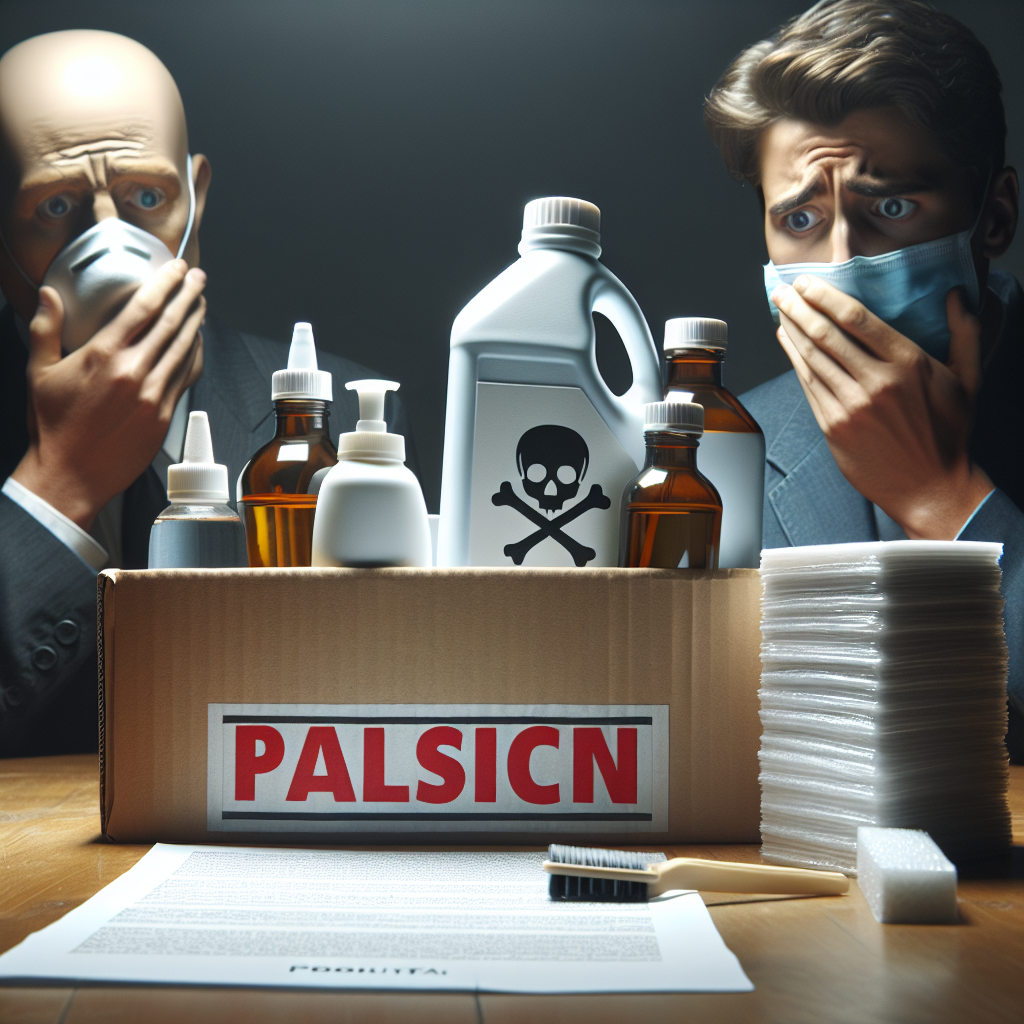 Create a high-quality, photorealistic image that represents a legal case about perfluoroalkyl and polyfluoroalkyl substances (PFAS) in packaging materials. The image should highlight a sense of shock and concern regarding the health implications of these substances. Use natural lighting and soft shadows to convey a serious and somber mood.