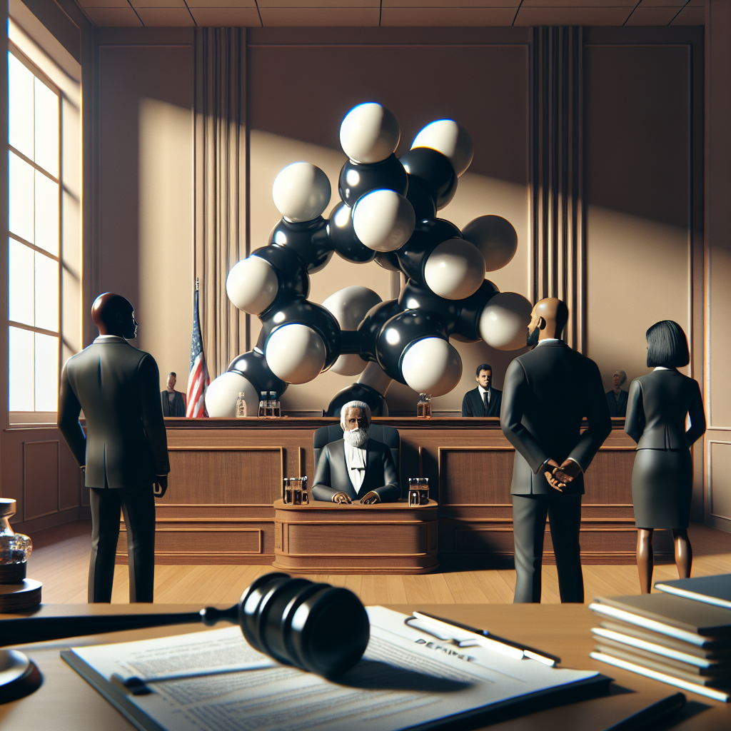 A concept image illustrating the controversy revolving around the usage of Titanium Dioxide as an additive in consumer products. The scene features an exaggerated courtroom setup: a titanium dioxide molecule structure sits on the defense stand, metaphorically representing the controversial additive. The prosecution and defense attorneys, a Black woman and a Middle-Eastern man respectively, both wearing formal courtroom attire, stand ready for the lawsuit. In the background, there are soft shadows and natural lighting, a gavel rests on a desk, and urgent-looking paperwork is scattered about.