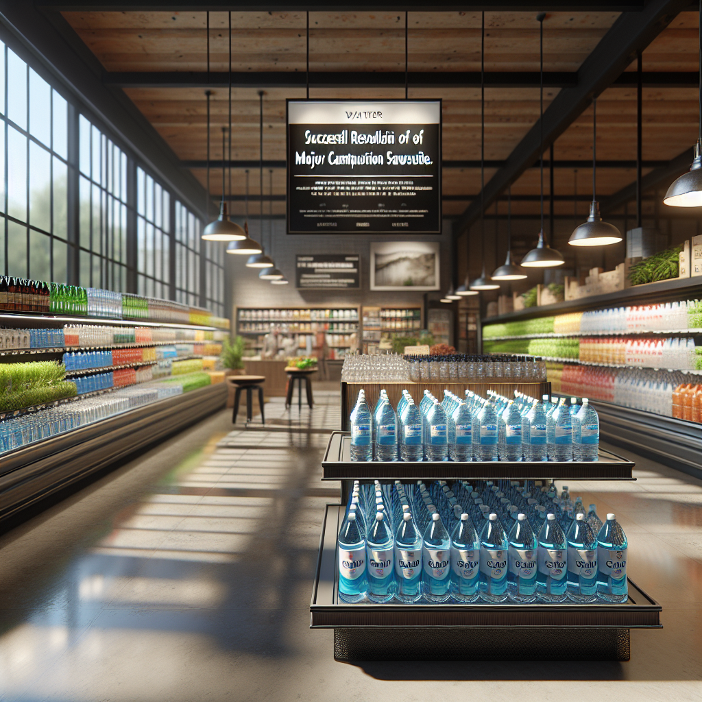 Visualize a photorealistic grocery store interior under natural lighting conditions, featuring soft dappled shadows. In the foreground, depict a variety of bottled water brands arranged in a neat display. Nearby, a sign announces the successful resolution of a major contamination lawsuit. Concentrate on the attention to detail, capturing the nuances of different types of bottled water and the specificities of the interior ambience.