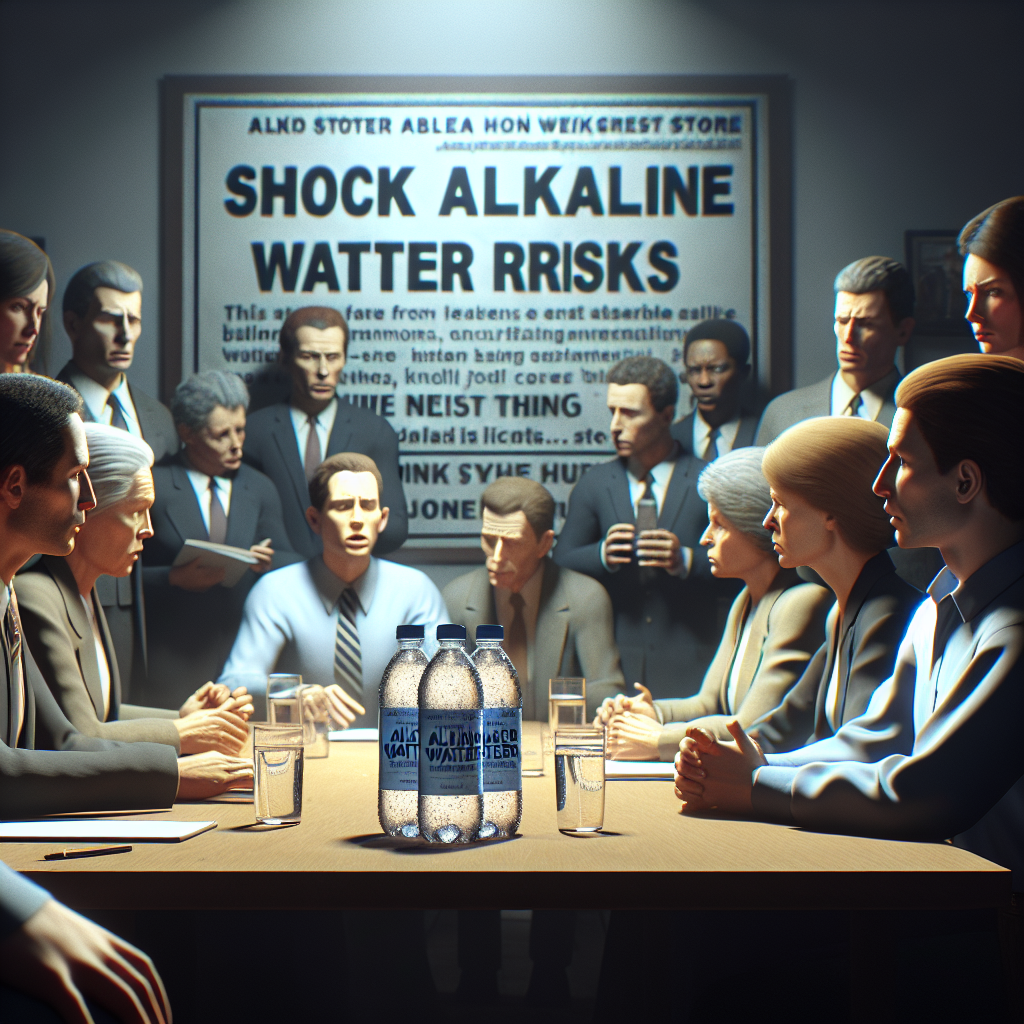 Visualize a dramatized scene of a group of concerned individuals in a room, closely analyzing a bottle of alkaline water from a generic store, contrasted against a backdrop with text saying, 'Shock Alkaline Water Risks'. The room is lit by natural lighting causing soft shadows, the persons should be of various descents and genders. Consider emphasizing the seriousness of the situation with their expressions and actions. Avoid any brand names, logos or identifiable stores.