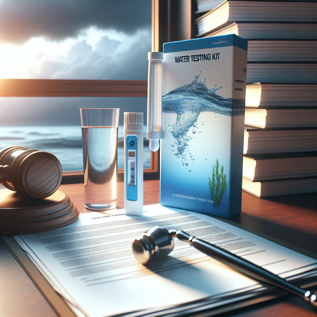 Create a photorealistic image with natural lighting and soft shadows depicting a water testing kit laid out next to a stack of legal documents. The brand of the water testing kit should not be discernible but it should be clear that it's a suitable tool for scientific measurements. Capturing the tension of a legal dispute, a gavel could be placed on the documents, indicating a court-related situation. The suggestion of shock should be suggested subtly, perhaps through a storm brewing in the background as viewed through a nearby window.