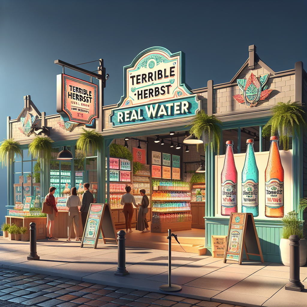 Create a vivid and detailed image representing a scene of a retail settlement for an exclusive beverage product known as 'Terrible Herbst Real Water'. The location should exude a friendly, inviting atmosphere, enhanced by natural lighting and casting soft shadows. Include various elements such as showcased bottles of the beverage, a colorful signboard announcing the exclusive deal, customers browsing or taking a sip of the drink, and promotive banners displaying the brand logo. Please ensure that a sense of excitement and engagement is captured in the image.