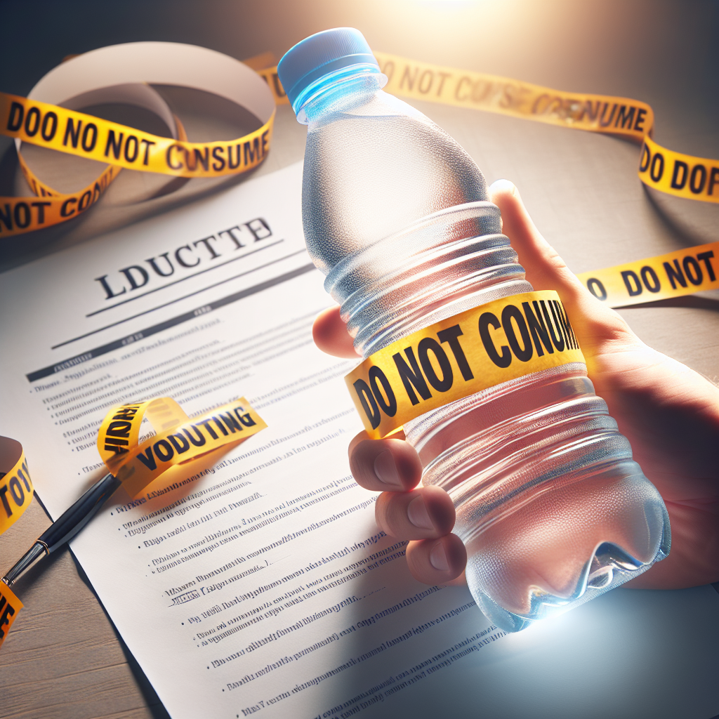Create a high-quality, photorealistic image expressing the theme of condemnation and regulation violation. It should represent a generic bottled water product being sealed with a 'Do Not Consume' warning tape to imply its poor quality, superimposed with an official document-like background indicting it for a number of health violations. The image should emphasize the seriousness of the situation using a dramatic play of natural lighting and soft shadows.