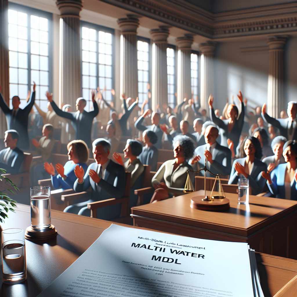 Render a photorealistic image of a courtroom featuring soft shadows and natural lighting. Showcase the mood of triumph following the announcement of a multi-state lawsuit success. The courtroom should be bustling with individuals of all races and genders, displaying expressions of relief and joy. Close up on a document titled 'Real Water MDL' symbolizing the victory at the heart of the scene. Please make sure to highlight the diversity of people in the American legal system.
