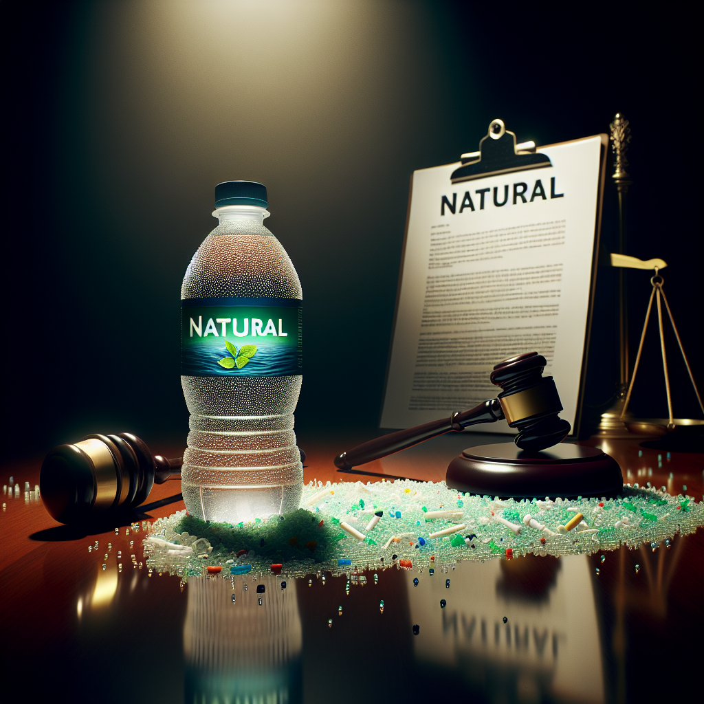 A dramatically lit scene featuring a bottle of water kept on a shiny surface. The bottle carries a label that reads 'Natural' in bold, green letters. In stark contrast, tiny visible microplastics are scattered around, their sheer volume creating a sense of shock. Include the illusion of a pending lawsuit in the background with a gavel and a document displaying the word 'Suit'. The image should evoke a balance between photorealism and symbolism, incorporating natural lighting and soft shadows.