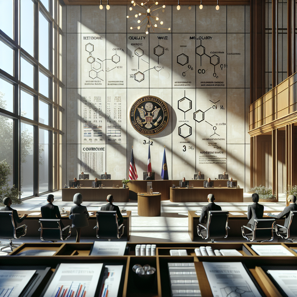 Generate a high-quality, photorealistic image set in a modern-themed courthouse centered on the resolution of a legal matter. In the scene, the court's seal is visible as well as several people, including a South Asian female attorney and a Hispanic male judge. Across the room, we see several documents and charts regarding water quality, molecular diagrams, and monetary figures. The image should convey a sense of triumph, with natural sunlight breaking through the windows casting soft shadows in the room.