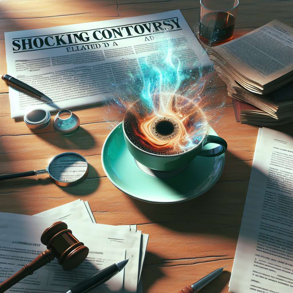 Generate a high-quality, photo-realistic image that provides an abstract representation of a shocking legal controversy related to a coffee company. Show soft shadows and natural lighting falling on a coffee cup and some legal documents, all placed on a hardwood table.