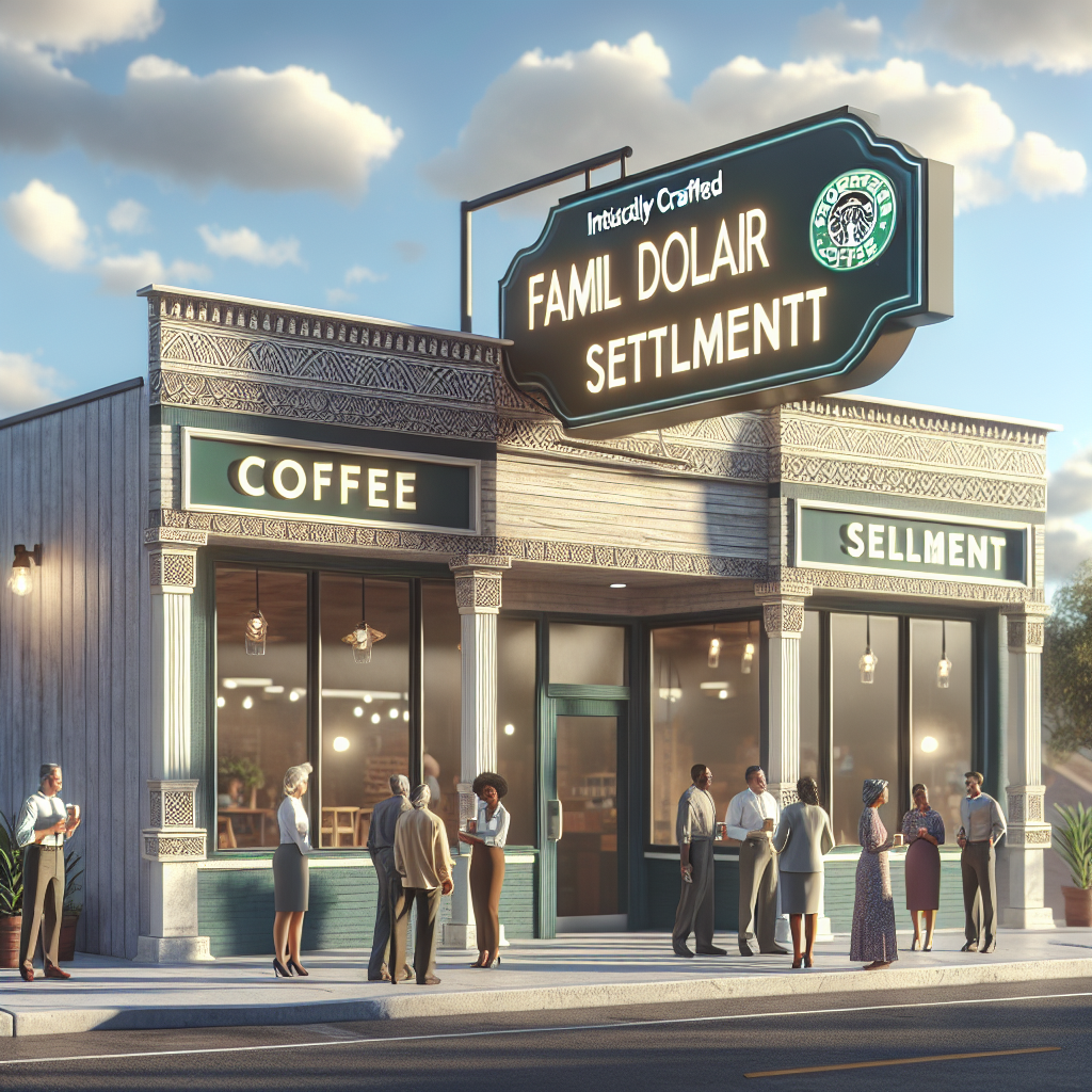 Create an intricately crafted, photorealistic image that illustrates the concept of a Family Dollar Coffee Settlement. This should include a representation of a generic dollar-store-type building exterior with a sign displaying 'Coffee Settlement' and standing people of different descents like Hispanic, Middle-Eastern, Caucasian, etc. conversing under a sky showcasing natural light with soft shadows.