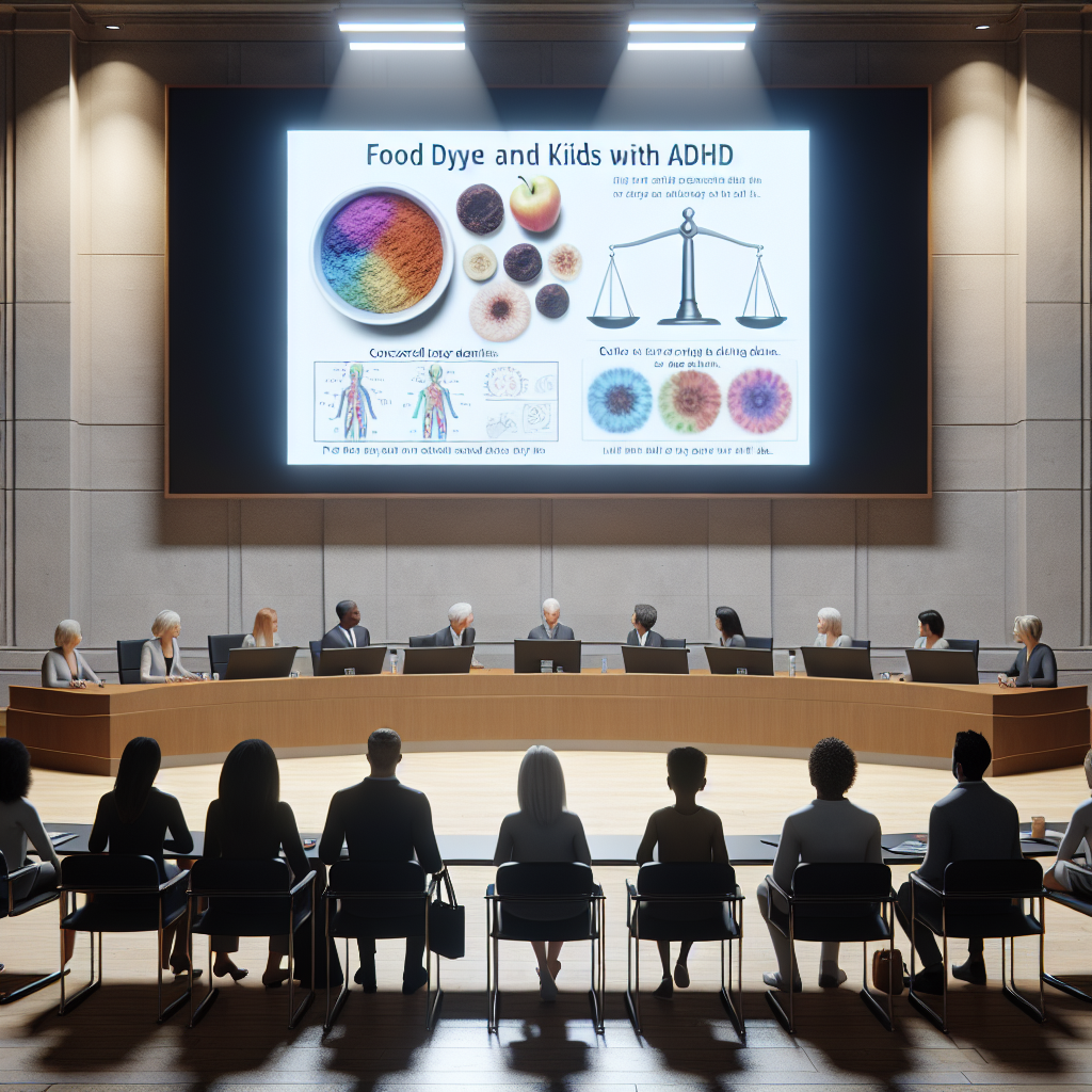 Create a photorealistic image showcasing a scene in a modern day courtroom where a group of concerned parents, of diverse descents and gender, are facing an unexpected legal situation. The center of attention is a large-lit display showing diagrams and texts related to Food Dye and its potential effects on kids with ADHD. This image should emphasize natural lighting and soft shadows.