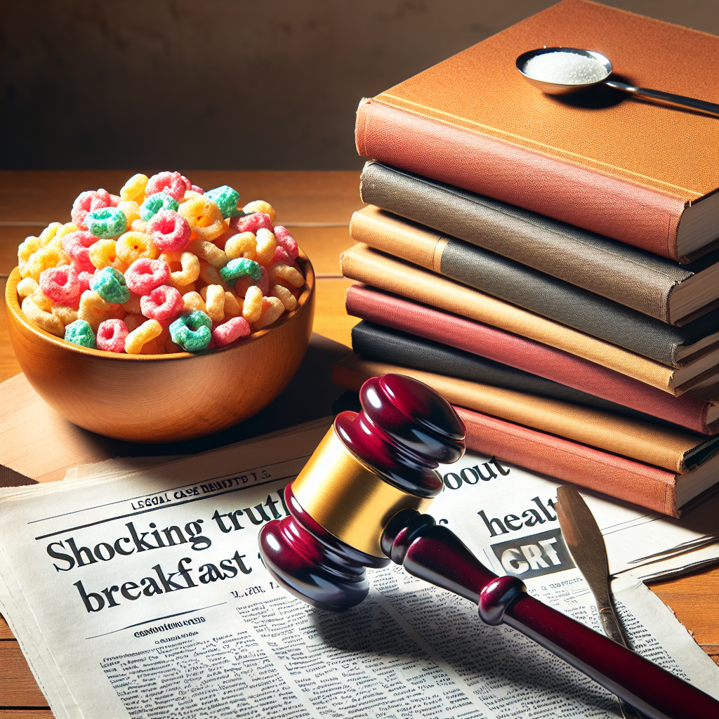An image representing the concept of a legal case related to sugary cereals. Include in the composition a heavyweight gavel resting on a block of wood, stacked piles of legal documents and a bowl full of brightly colored cereals with a visible sugar sparkles on top. Use natural lighting and soft shadows to enhance the look, and inject some dramatic effect with a newspaper front page depicting the header 'Shocking Truth About Breakfast Health', signifying the public interest in the subject matter.