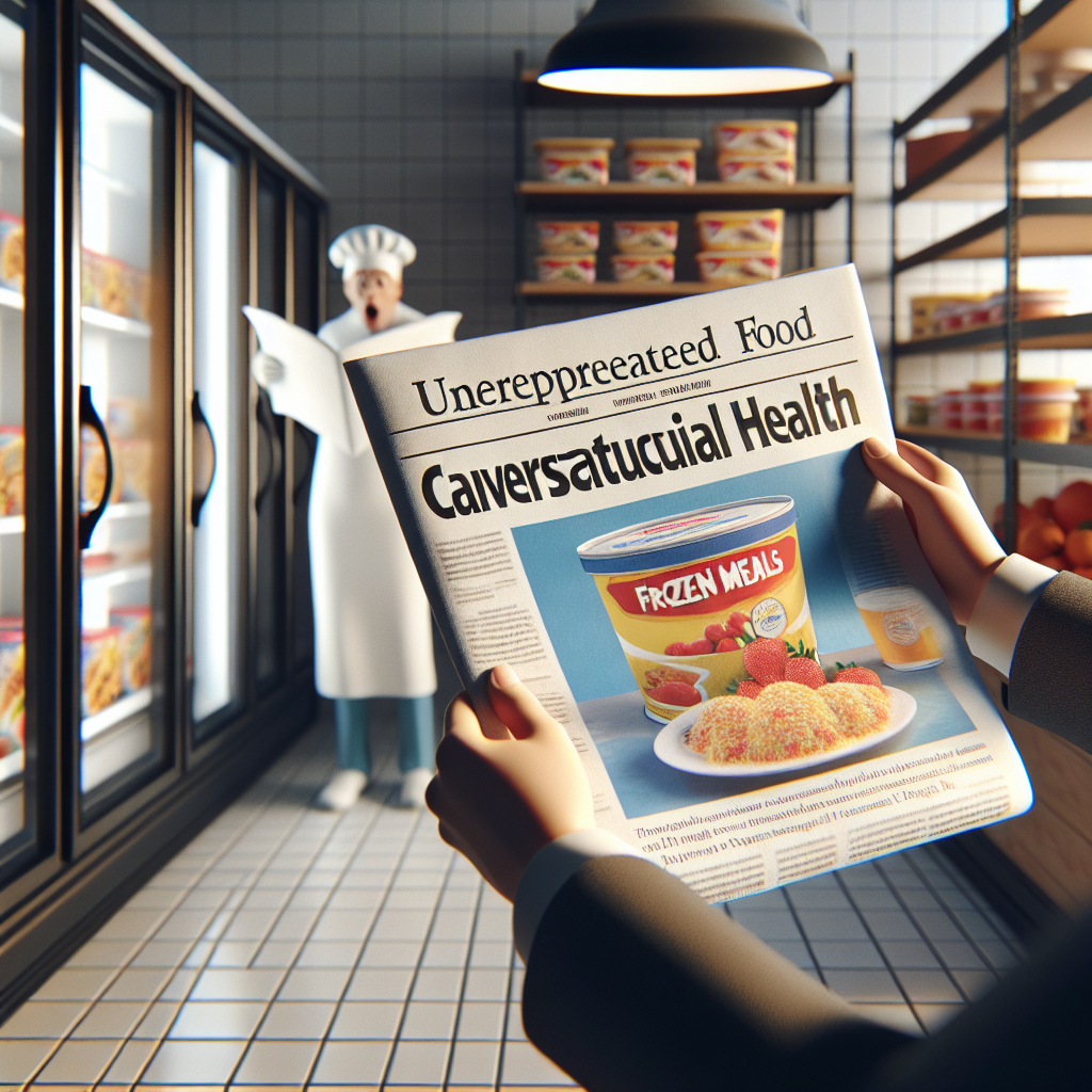 Create an image depicting a scene related to frozen meals, underrepresented food (UPF). The scene should feature a newspaper with a headline about a surprising lawsuit related to cardiovascular health. The image should maintain a photorealistic quality with natural lighting and soft shadows. The setting could be a modern kitchen or a supermarket aisle focusing on the freezer section. For a sense of realism and drama, the newspaper could be unfolded on a kitchen table or held by a person with shocked expression.