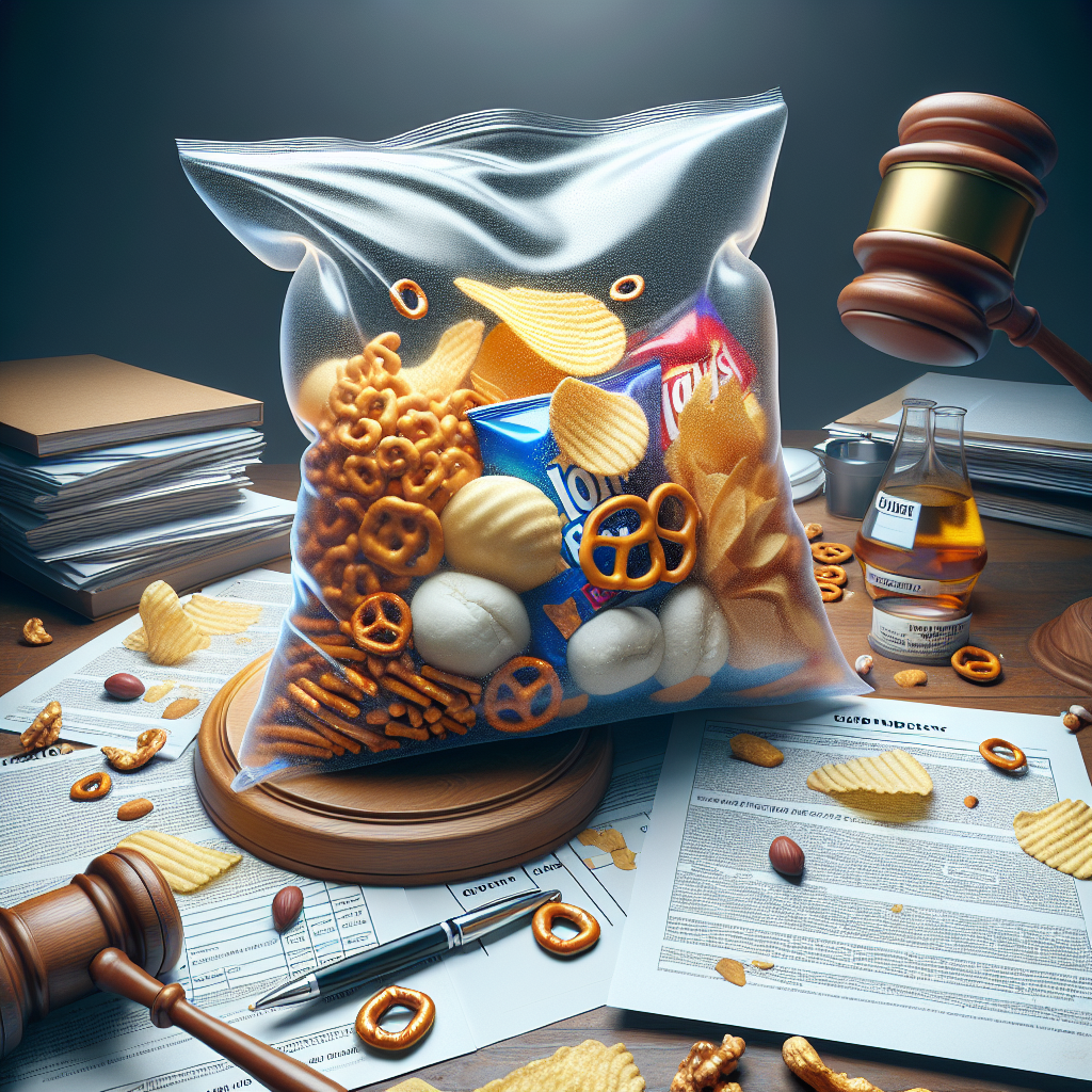 Generate a high-quality, photorealistic image that reflects the issue of salty snacks leading to obesity. This image should depict an array of popular salty snacks such as chips, pretzels, and nuts in an opaque, greasy plastic bag that is torn open at the top. Around this, lay scientific papers, evidentiary documents, and a giant gavel, symbolic of a courtroom setting. Ensure that the image has a serious tone and makes use of natural lighting and soft shadows to add depth and realism. Do not include any humans or brand logos in the image.