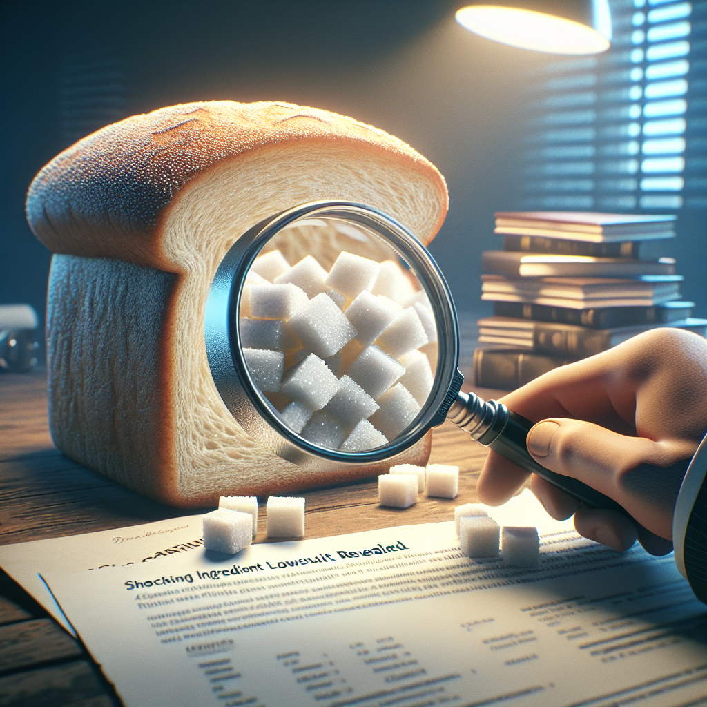 Generate a high-quality, photorealistic image depicting a scene inspired by a health lawsuit revelation. Visualize this with a magnifying glass inspecting a loaf of white bread, revealing tiny sugar cubes hidden within. Use natural lighting and soft shadows for a realistic touch. The environment of the scene could be a lawyer's office with legal documents scattered around, with a headline on one paper mentioning a significant legal challenge with the words 'Shocking Ingredient Lawsuit Revealed'. Render this scene as dramatic yet careful, reflecting the seriousness of the health implications involved.