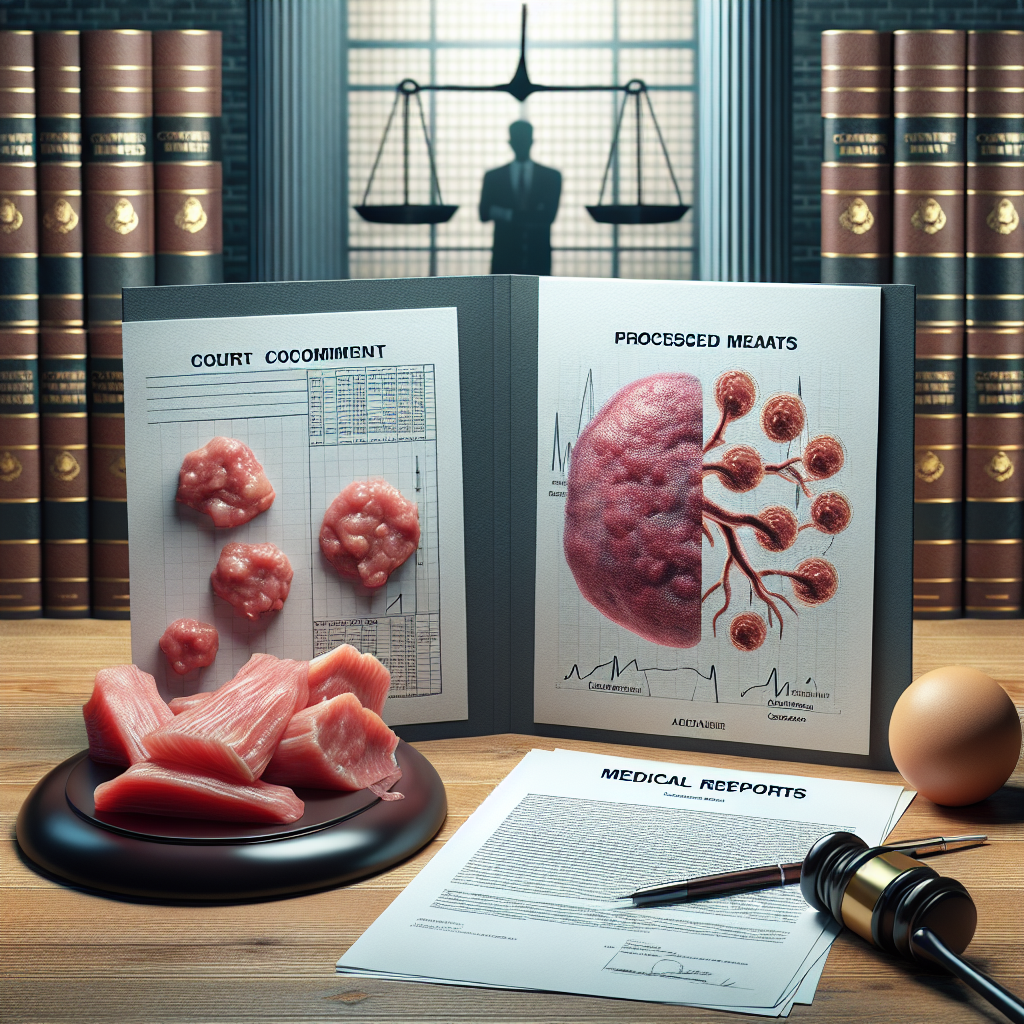 Create a photorealistic image showing a composition related to a lawsuit about processed meats and cancer. The scene should display court documents, medical reports with diagrams of cancer cells, and images of processed meats. Add in the background a courthouse silhouette or other subtle symbols of legal action. Use natural lighting to cast soft shadows on the depicted objects for additional depth and realism. Emphasize the seriousness and exclusivity of the information by using a balanced yet impactful composition.