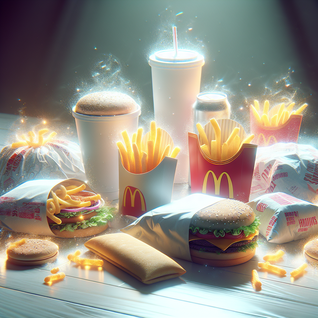 Create a detailed and photorealistic image that portrays fast food wrappers on a clean table, under soft, natural lighting. The wrappers should be from a variety of popular fast food items like burgers, fries, tacos, and sandwiches - but with no brand logos or specific naming. Plus, use visual effects to depict the idea of an invisible health risk emanating from the wrappers, such as glowing outlines or shimmering air. Please include a text headline in bold letters saying 'Shocking Health Risk Exposed' to emphasize the theme of the image.