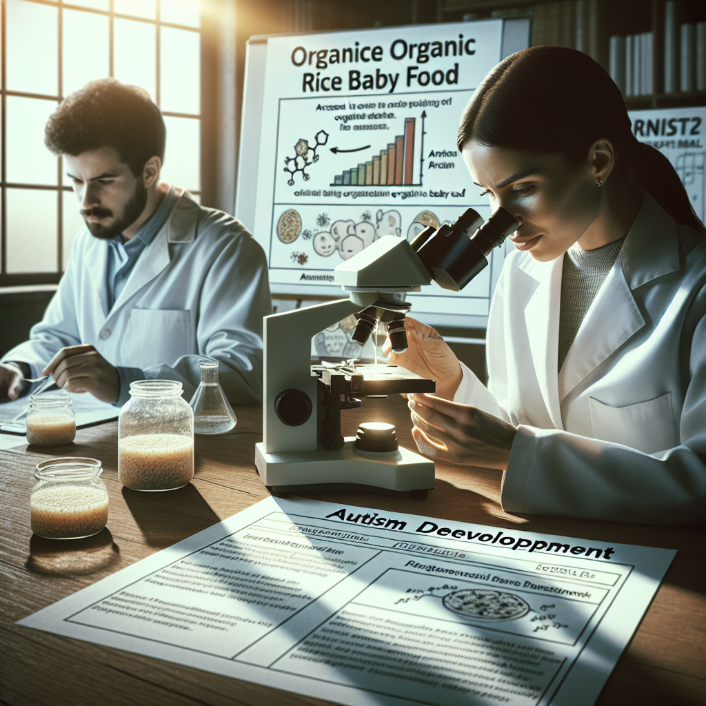 Bring to life a visualization of a research scene where scientists are analysing organic rice baby food under natural light, with soft shadows adding depth. One scientist, a Hispanic woman, is examining a sample under the microscope, while her colleague, a Middle Eastern man, is looking at an autism development diagram. On the table, there are diagrams and charts displayed exploring the proposed link between arsenic in rice baby food and Autism. The atmosphere is serious and focused, highlighting the importance and impact of their work.