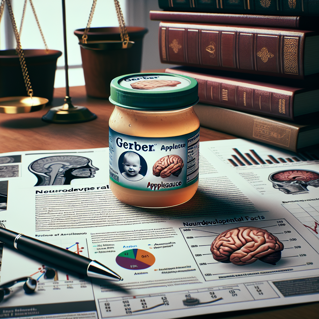 Create a detailed, high-quality image that represents the subject of a lawsuit over Gerber Applesauce. Use the scene's natural lighting and soft shadows to emphasize the seriousness of the situation. The picture should contain evidence of neurodevelopmental facts, perhaps represented by charts, brain diagrams, or scientific data layered over or beside a jar of applesauce. The image should evoke a sense of shock and concern.