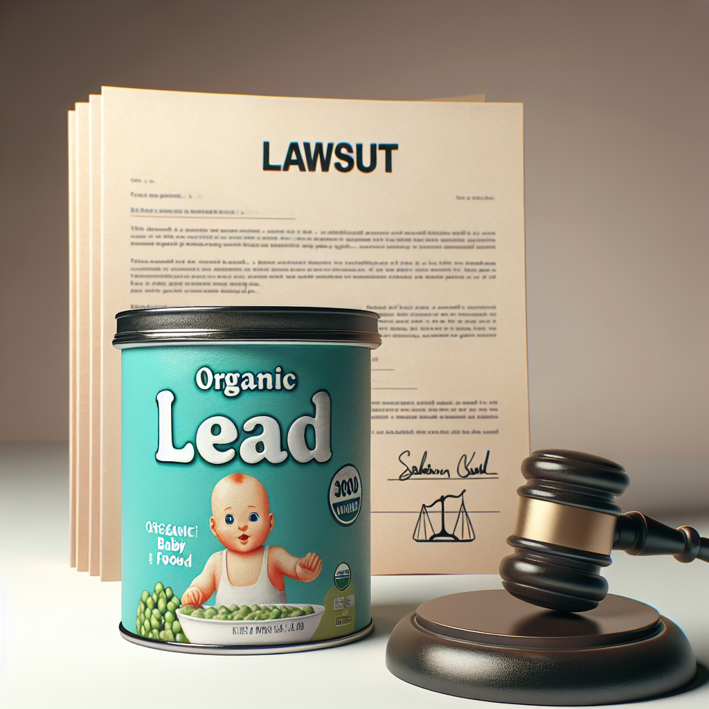 Create a photorealistic image showcasing a baby food scandal emblematically. Feature a container of organic baby food, with the word 'lead' boldly printed across it. To its side, place legal documents, suggesting a lawsuit. Make sure to use a soft, natural lighting and shadows to add a grave, serious tone to the scene.