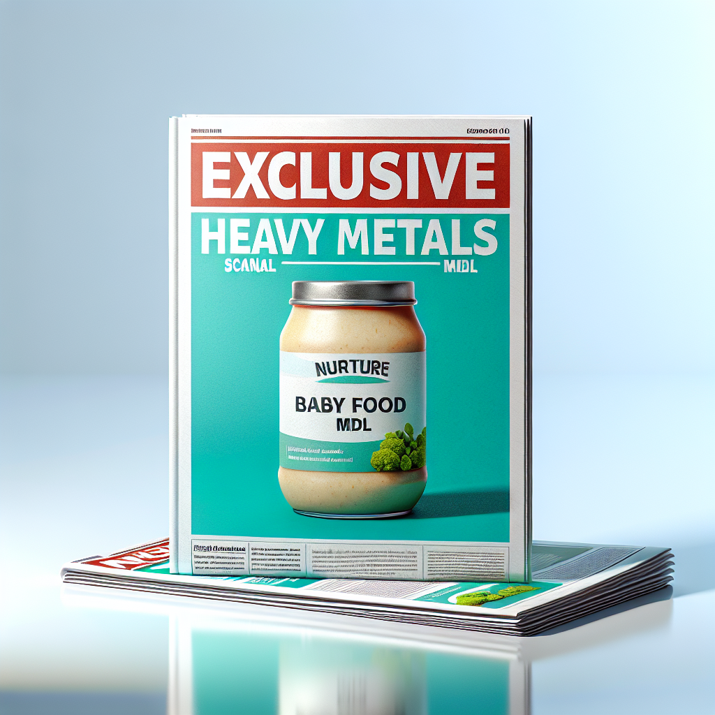 Display an image of a fictional news report with an impactful headline. The headline reads 'Exclusive Heavy Metals Scandal'. The accompanying photo shows a jar of baby food with a brand name 'Nurture Baby Food MDL' on a bright white background. The composition is lit with natural lighting and soft shadows, giving it a photorealistic touch. Please ensure the image communicates a sense of urgency and concern.