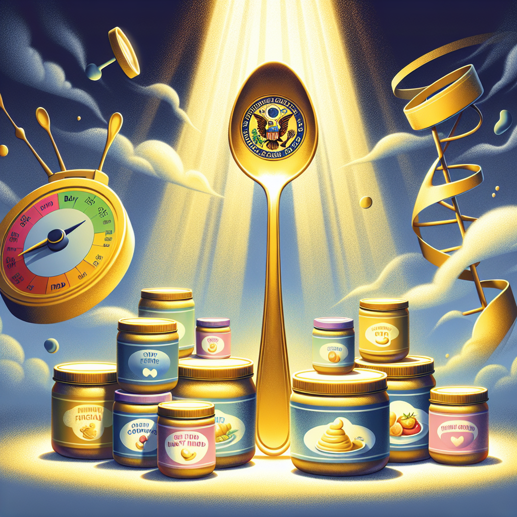 Illustrate a figurative scene depicting the triumph of regulation over heavy metals in baby food by the FDA. In the center should be a symbol of nourishment and safety, represented by a shining, golden spoon with the FDA seal. Around it, a cluster of baby food jars in various inviting colors should be arranged. All these elements placed in a soft lighting ambiance with lenient shadows. For added context, include a non-specific measure scale on the side, pointing to the lower end, indicating the reduced levels of heavy metals.