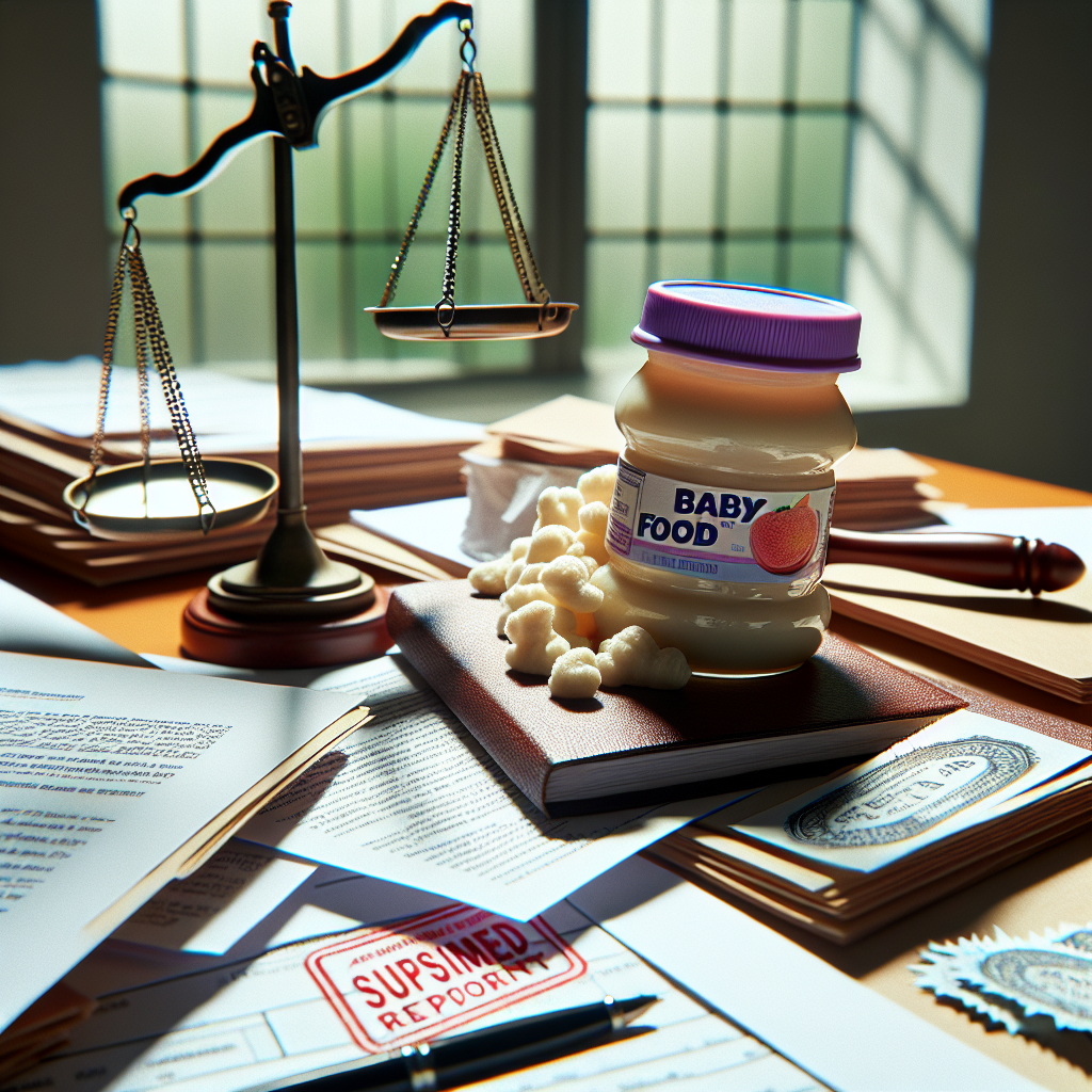 A detailed image depicting a drama-infused representation of a legal conflict in the baby food industry, based on a consumer report. The image should captivate the surprising nature of these lawsuits, with stacks of legal papers, official stamps, and perhaps a baby food jar lying in the midst. The setting should have natural lighting with soft shadows to give a realistic touch.