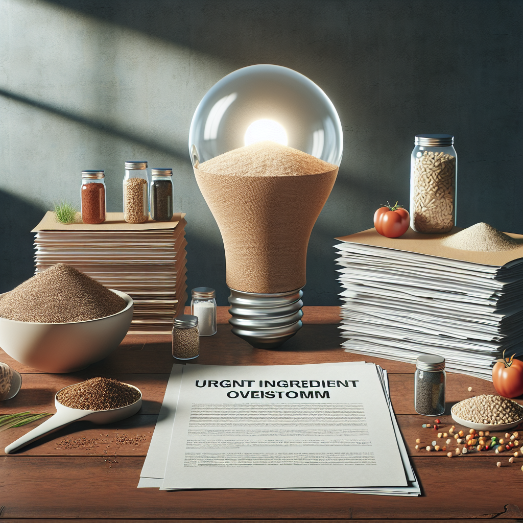 A conceptual imagery depicting an urgent ingredient overhaul, as part of a fight against a legal challenge called UPF Reformulation Lawsuit. The image shows stacks of papers related to the lawsuit on a wooden desk. A light bulb symbolizing the idea of reformulation is lit up, and various food ingredients are arranged around it, highlighting the restructuring actions. The scene is set under natural lighting and creates soft shadows to emphasize the contrasts. Photorealistic details like grain on the wood, the texture of the paper, and the natural shine on the ingredients are visible.
