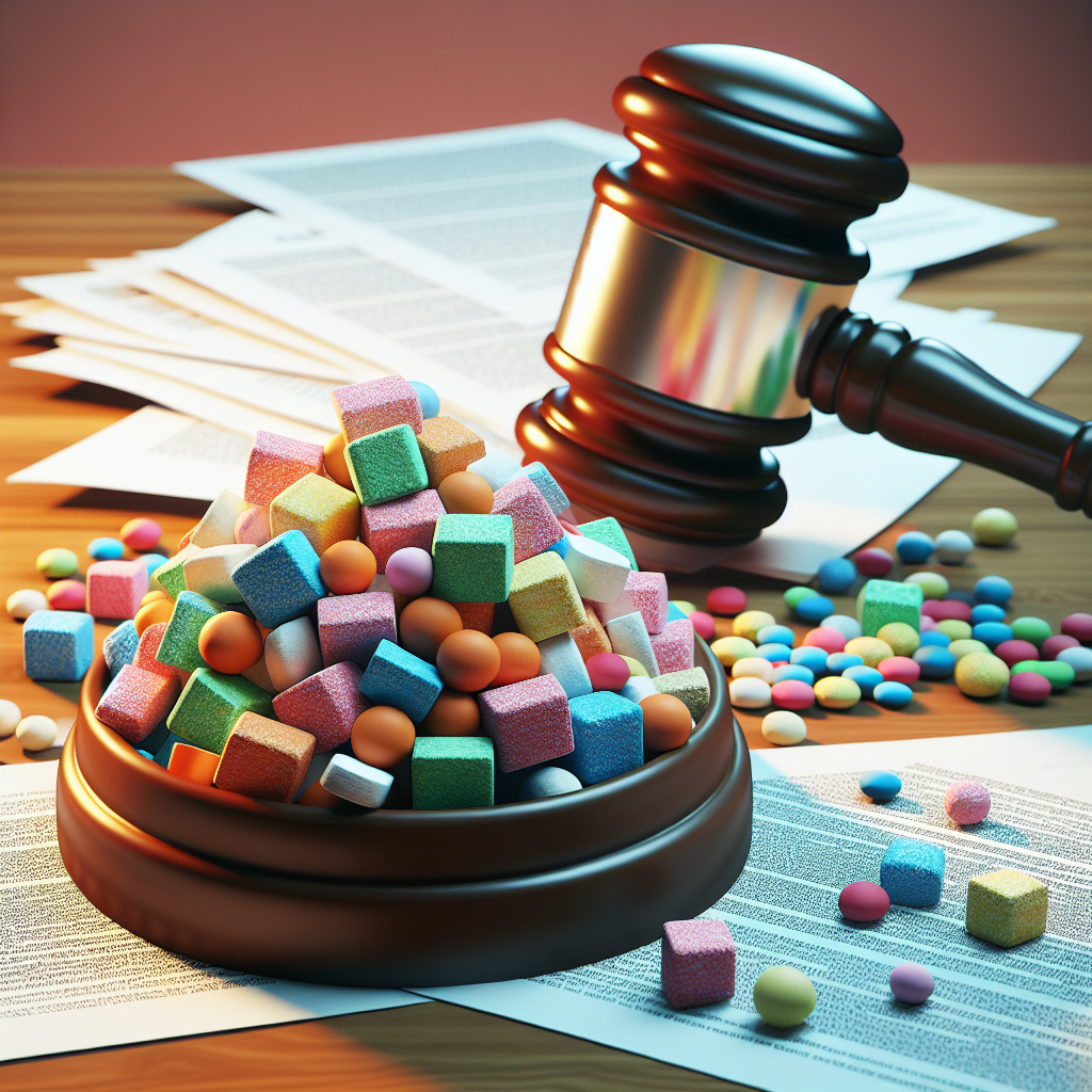 Generate an image displaying a visual representation of a food additives ban in California having a significant impact on lawsuits. Show a large gavel striking down on a pile of additives represented as colorful cubes, with multiple scattered lawsuit papers in the background. The gavel should be stern and authoritative, symbolizing the strong enforcement of the newly established rule. The additives should be diverse in colors to signify the wide range of additives being restricted. Ensure to have natural lighting and soft shadows in the scene for a realistic feel.