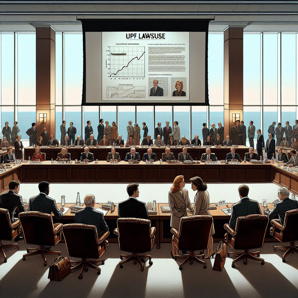 An illustrated scene depicting a large conference room setting, complete with long wooden tables, leather chairs, and a presentation screen. The atmosphere is tense as people, of various genders and descents such as Caucasian, Black, Hispanic, and Middle-Eastern, dressed in formal attire are in heated discussions. Displayed on the screen are documents and graphs about 'UPF Lawsuit'. The room is illuminated by natural light flooding through large windows, casting soft shadows across the room.