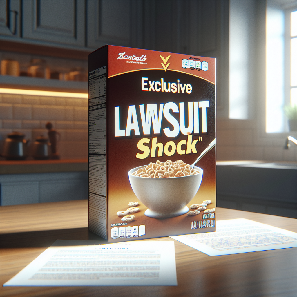 A photorealistic image of a cereal box standing on a kitchen counter, lit with natural lighting and soft shadows. The box is labelled 'Exclusive Lawsuit Shock'. Next to it, there are a details of lawsuit documents in smaller print, emphasizing the serious tone of the situation.