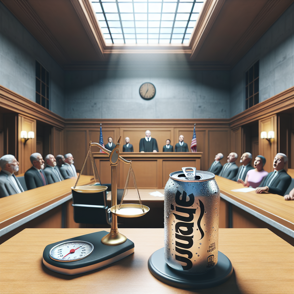 Create an image depicting a fictitious scene related to a shocking lawsuit about sugary drinks. The image composition should show a large, photorealistic courtroom scene under natural lighting, with soft shadows for dramatic effect. There's an ambiguous drink can on the table with a scale next to it, symbolizing the connection between sweet beverages and health issues. Ensure that the brand is not recognizable. Include perplexed people in the courtroom. Perhaps a judge, attorneys, spectators - just make sure the scene reflects the gravity of the lawsuit.