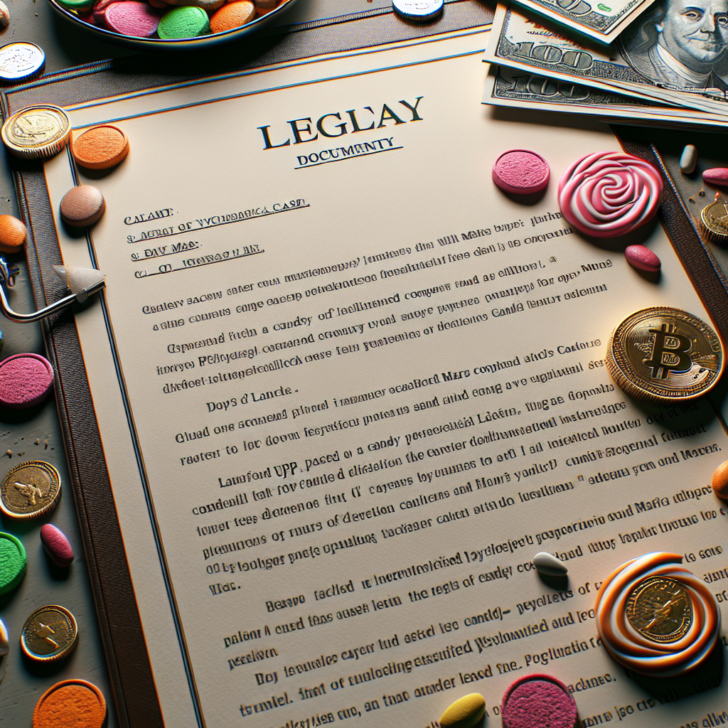 Generate a photorealistic and high-quality image, using soft shadows and natural light, that depicts a legal document related to a hypothetical case. This document is associated with a candy company on Mars and it's tied to a claim on Unidentified Psychological Factors (UPF) leading to depression.