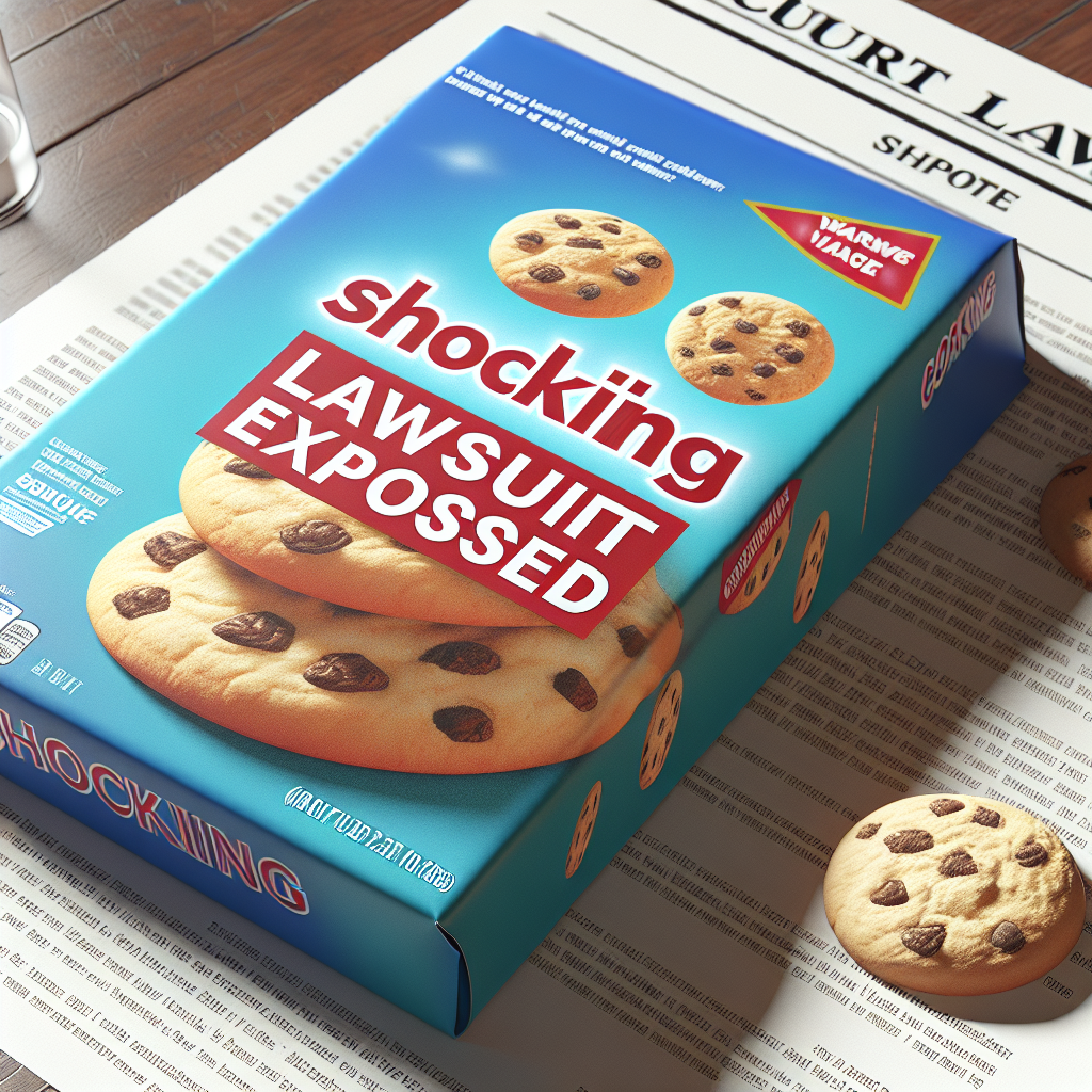 Generate a photorealistic image featuring a package of fictional cookies with soft shadows under natural light. The packaging has a warning message on it about an imaginary legal issue related to health concerns. The backdrop is a court document, heavily blurred, with the words 'Shocking Lawsuit Exposed' in bold, legible print.