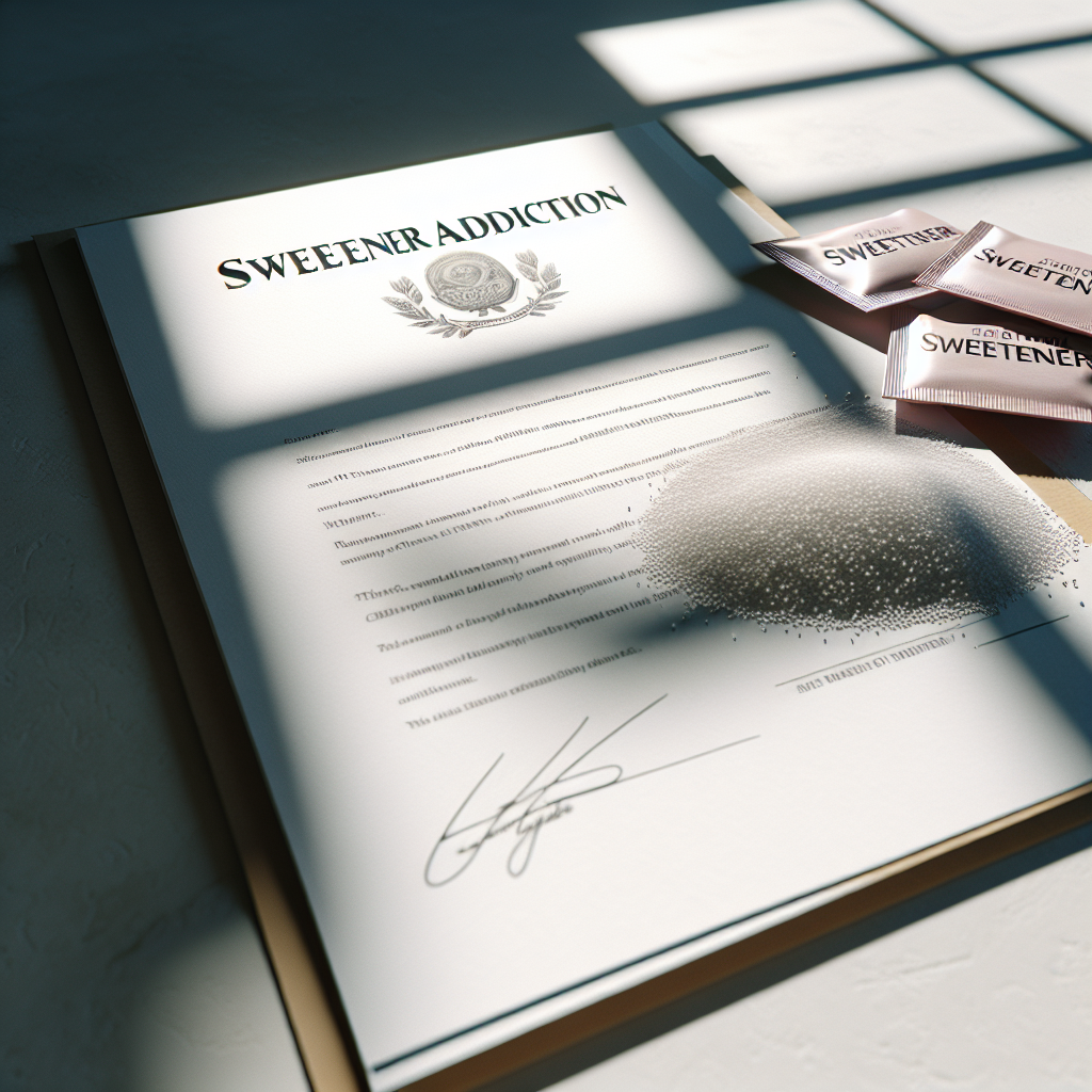 A photorealistic image showcasing a lawsuit document about sweetener addiction. The document appears under natural lighting, with soft shadows thrown on it by a nearby window. There is also a visual representation of sweeteners (crystals or packets), artistically placed near the document to indicate the subject matter of the lawsuit.