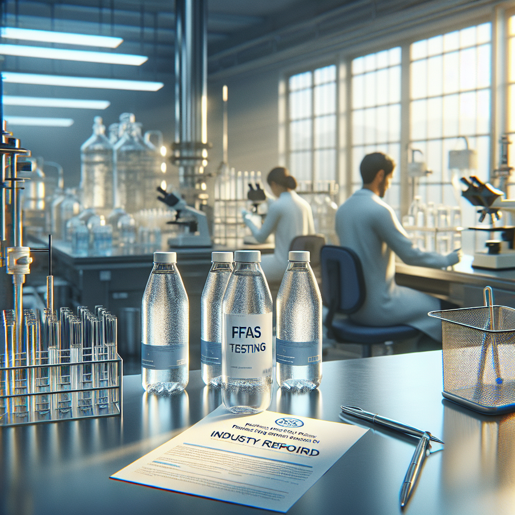 Visualize an intimate and focused scene in the context of bottled water testing, with an emphasis on PFAS detection. Picture a modern laboratory setting with stainless steel equipment and glassware. The main elements include branded water bottles on a pristine laboratory table, laboratory technicians of diverse genders and descents busy in their meticulous work, and a close-up display of a note showing 'PFAS Testing - Industry Reform Required'. Natural light streams in from a nearby window, casting soft shadows and lending a calm atmosphere. The scene aims to emphasize the critical need for industry regulation on PFAS levels in bottled water.
