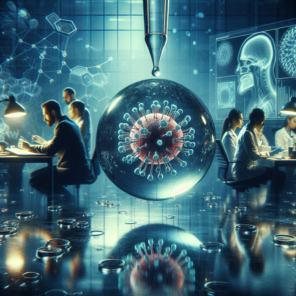 A dynamic and dramatic scene representing the theme of a Hepatitis outbreak. In the foreground, a crystalline water droplet is suspended mid-air, reflecting the complex microscopic image of a Hepatitis virus. Surrounding the droplet, a focused scientific research team of diverse descent and gender, are intensely examining the findings. In the background, a large screen displays magnified images of the water analysis results. The atmosphere is tense filled with shock and anticipation. Use a subdued color palette to underline the serious nature of the topic.