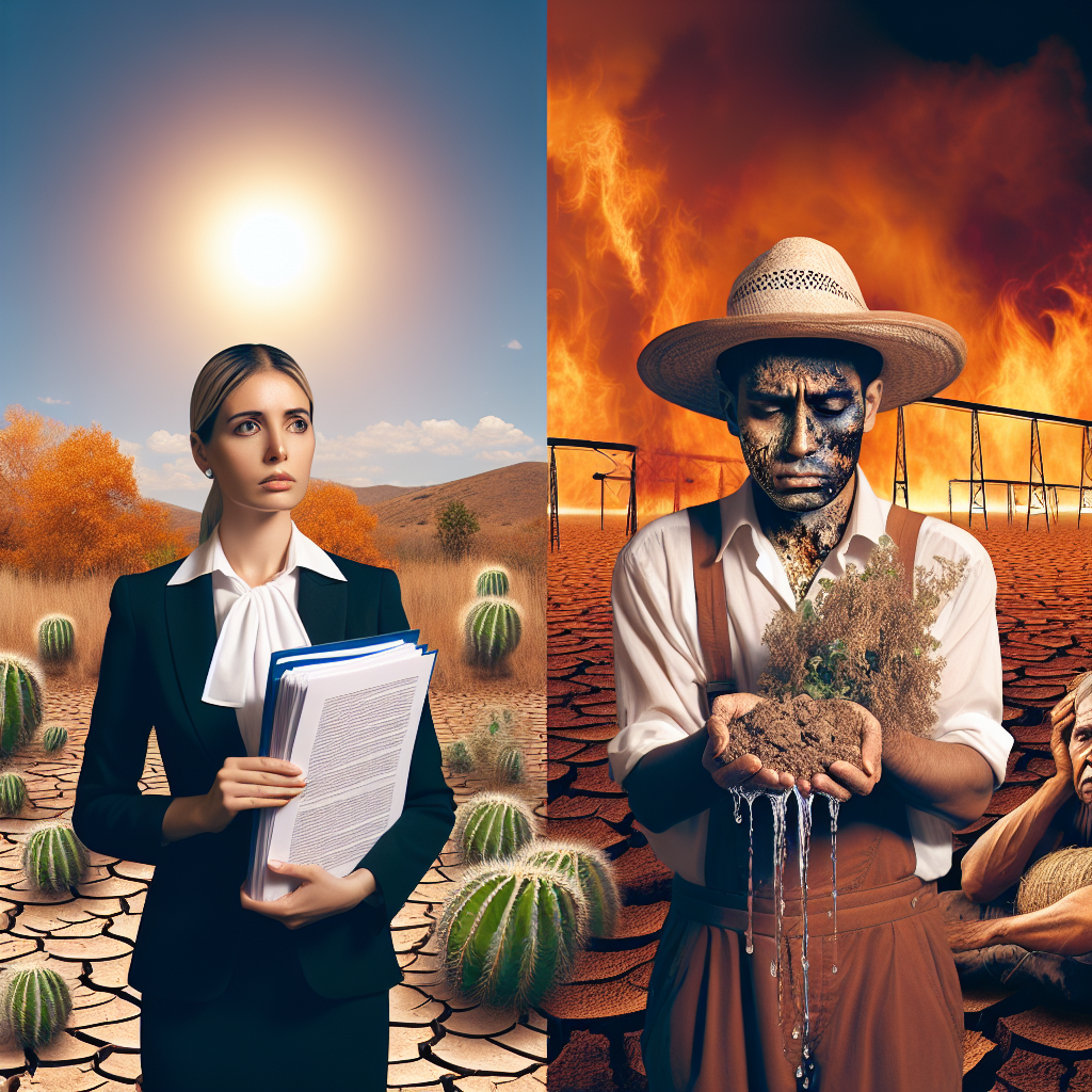 A picture depicting the dire effect of water scarcity due to legal disputes. Visualize a parched landscape under a burning sun with deteriorating flora. In another section, a Hispanic female lawyer holding a stack of lawsuit papers, appearing concerned. Near her, a South Asian male farmer looks devastated while holding dry soil in his hands. Indicate that the water issue has taken a toll on the environment, affecting local livelihoods. Ensure to convey an emotional and evocative atmosphere to highlight the heartbreaking impact of the situation.