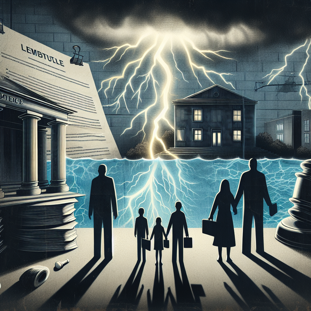 A visual metaphor depicting the serious implications of a contentious lawsuit regarding water safety. Against a backdrop of what seems to be a courthouse or legal documents, shadowy figures are huddled together, symbolizing a distressed family. Impress upon us the surprise or 'shock' via a sudden burst of light illuminating the family or a thunderbolt striking somewhere nearby in the picture. A serious and somber color palette would help drive home the severity of the situation this family is going through due to the water-related lawsuit.