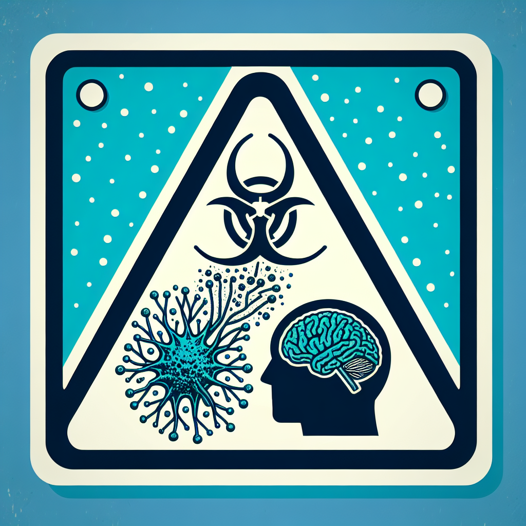 Generate an image representing an alert sign for the potential danger of Blue-Green Algae related to Amyotrophic Lateral Sclerosis (ALS). The sign should have a prominent warning symbol, potentially something biohazardous. Besides the symbol, the sign should also visually explain the relationship between the algae and ALS, perhaps showing a microscopic view of the algae running into an illustration of a brain neuron, highlighting its damaging effect. Utilize blue and green colors to reflect the algae's name and make the connection clear.