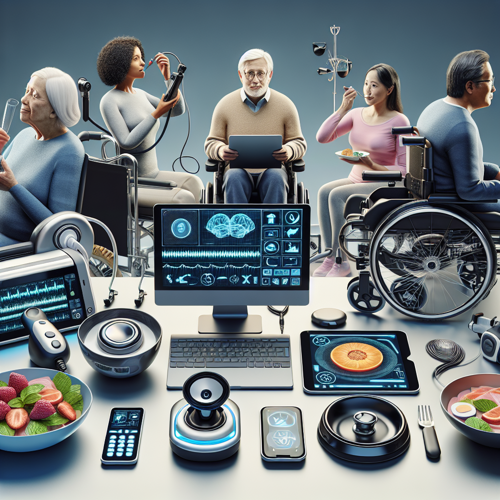 A high-definition image showcasing various ALS (Amyotrophic Lateral Sclerosis) technology aids arranged on a table. We see a speech-generating device, a wheelchair with an advanced computer control, an eye-gaze system, and assistive eating devices. There's a diverse group of people benefiting from these aids, including an elderly Caucasian man manipulating the wheelchair, an adult Middle-Eastern woman effectively utilizing the speech-generating device, and a young South-Asian man proficiently operating the eye-gaze system. These tools represent an independence boost for ALS patients.