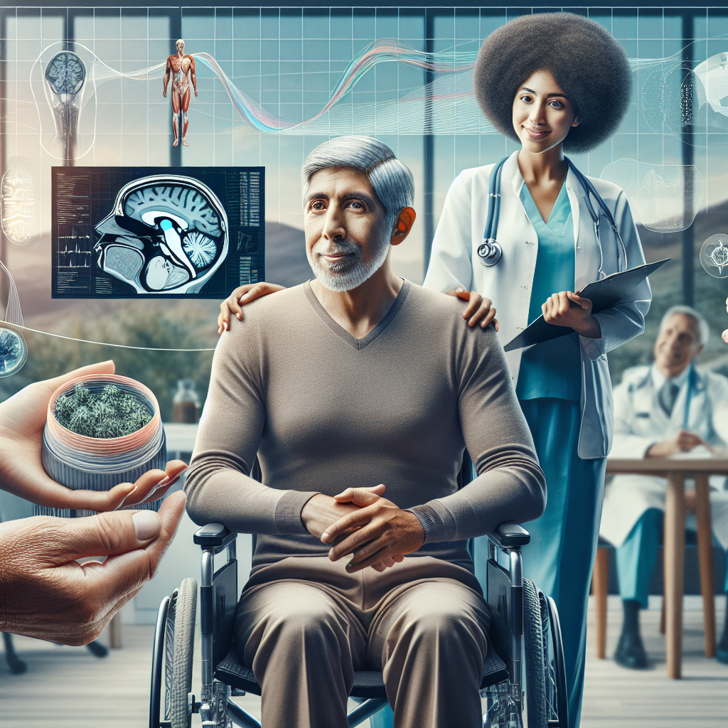A highly detailed, inspiring image representing the journey of a person living with advanced ALS (Amyotrophic lateral sclerosis). The person is a middle-aged, South Asian male using a modern wheelchair, exuding resilience and hope. Supporting him are a diverse team of healthcare professionals, including a young, Black female neurologist, a mature, Caucasian male nurse, and a Middle-Eastern female speech therapist. They are seen in a well-equipped and comfortable home care setting. Additional imagery could include charts depicting progression of ALS, hand holding a medical pamphlet titled 'Advanced ALS Support', medical equipment, and the sense of a supportive community.