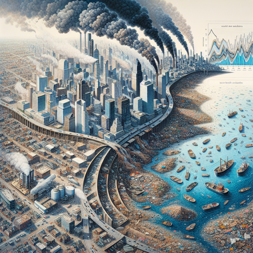An illustrative visualization showing the impact of urban water pollution: A large, bustling metropolis with various buildings, factories, and roads, painted from a bird's eye view. Smoke is seen billowing from the factories, polluting the air. Nearby, a river that runs through the city is filled with waste and clutter. Polluted water is visible flowing from the city into the river. Close to this panorama, depict a statistic graph showing an alarming increase in ALS rates over the years. The image should be sobering, capturing the harsh reality of pollution and its potential impacts on human health.