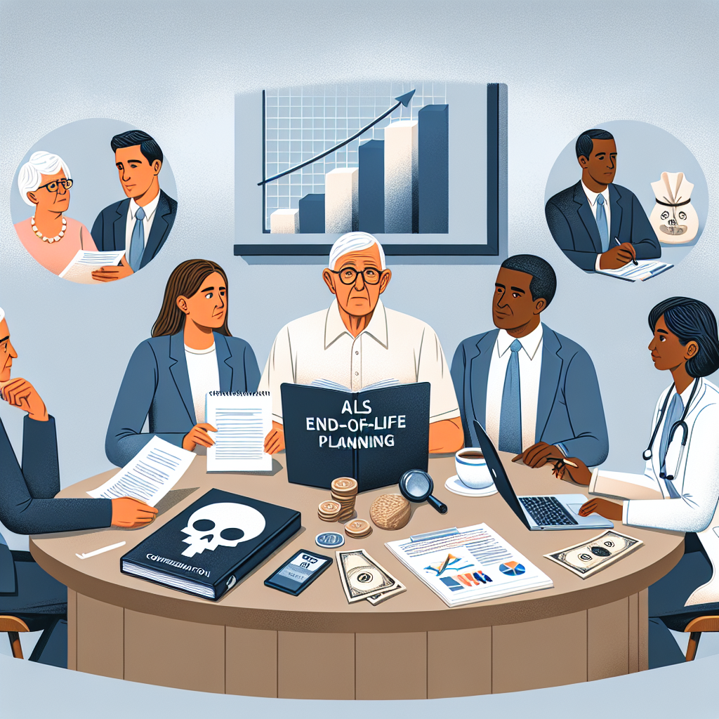 An illustration symbolizing end-of-life planning for an ALS patient. Starts with a picture of a diverse panel of professionals; a Caucasian Female attorney, a Hispanic male financial advisor, and a South Asian female doctor, sitting at a round table representing a discussion or meeting. The attorney is handling legal documents, the financial advisor is showing financial charts or graphs on a laptop and the doctor is comforting a Black male patient. They are surrounded by images representing compensation insights, such as a compensation bar chart and an insurance policy. There's a book with 'ALS End-of-Life planning' written on it, implying the topic.