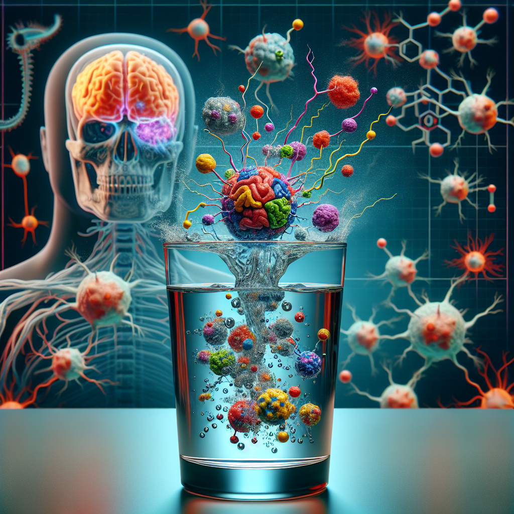 Create a detailed and scientifically accurate image illustrating how neurotoxic agents in water might play a role in accelerating ALS (Amyotrophic Lateral Sclerosis). Showcase a glass of water filled with a transparent liquid, from which colorful, menacing molecules symbolize the harmful substances are emerging. In the background, depict a stylized human brain with nerve cells, with some under attack by these toxic substances. Convey the seriousness and potential impact of the issue while maintaining an educational tone.