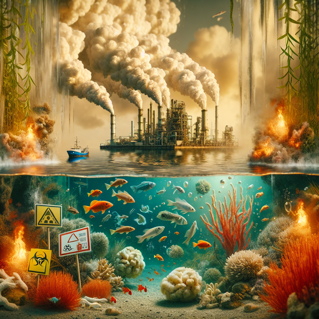 Imagine a revealing scene set in an aquatic environment. Plumes of sulfur dioxide (SO2) gas, depicted with a faint yellow hue, escape from a polluting industrial facility in the background. An array of aquatic life including fishes, crustaceans, and plant life, show signs of distress. An eerie reddish-orange glow, embracing the water due to the reaction of SO2, portrays the increased acidity. Awareness banners placed strategically around the water body, warning of the dangers of SO2 pollutants. Capture the implications of the pollution, the urgency of the situation, and the call for immediate action.